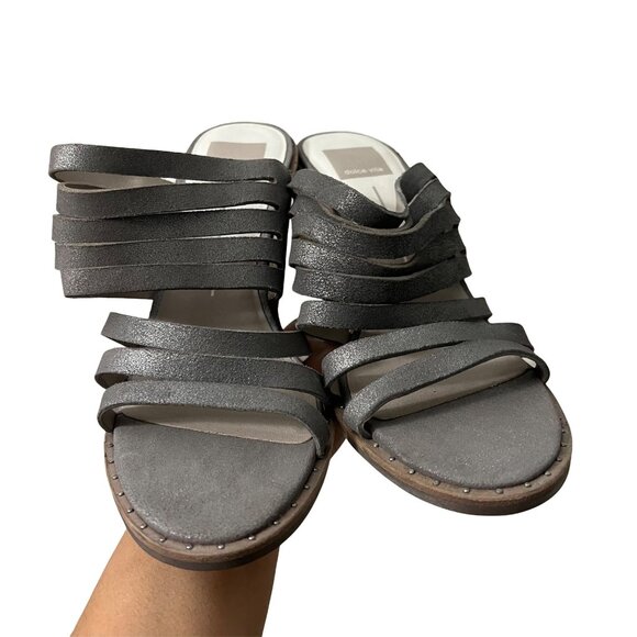 Dolce Vita Gray Metallic Strappy Chunky Stacked Heel Slip On Sandals Size 9.5 - Picture 7 of 7